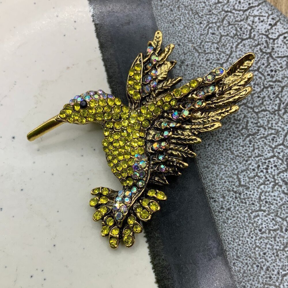 Hummingbird Yellow Gold Tone Rhinestone Brooch Pin